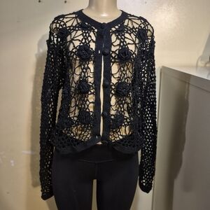 Bimo Black Knitted Cardigan Sweater With Pop Up Accents L